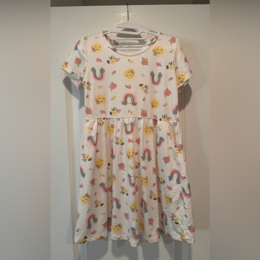 Kids' Sun & Rainbow Print Dress - White / Yellow - Sz 5